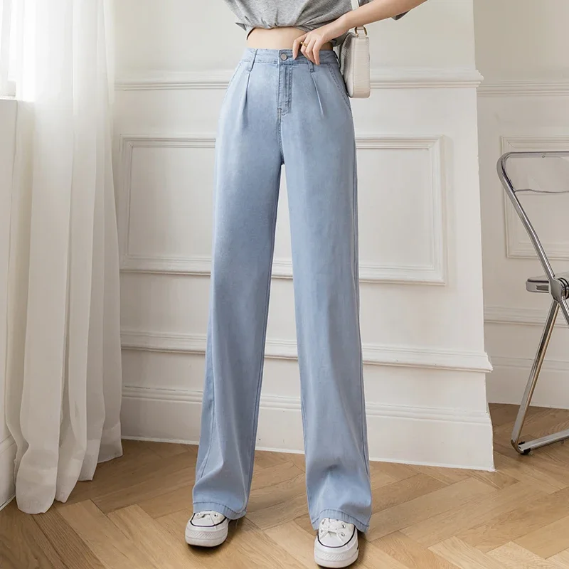 Women Casual High Waist Loose Thin Pants 2021 Summer Wide Leg Jeans Loose Ice Silk Straight Trousers Female Long Denim Pants Pop