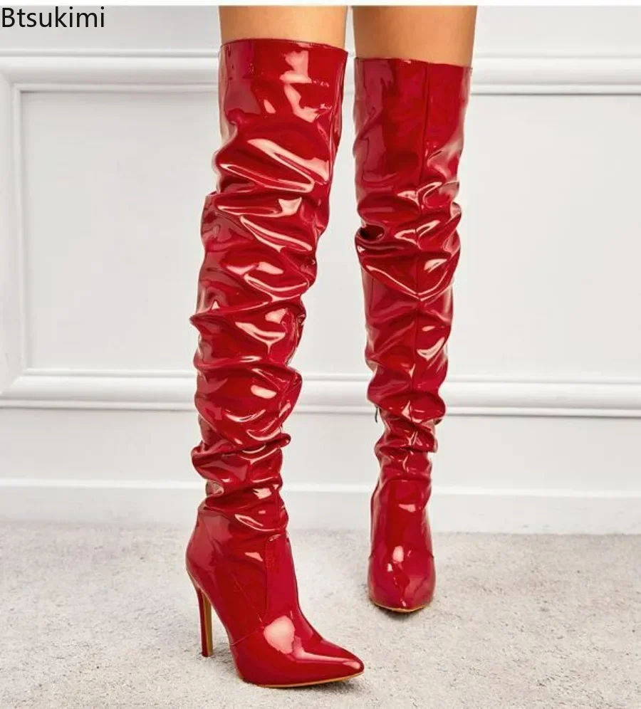 2024 Women's Over-the-knee Boots High Elastic Pointed Toe Black Side Zipper Thin High Heels Female Shiny Pleated High Heel Botas