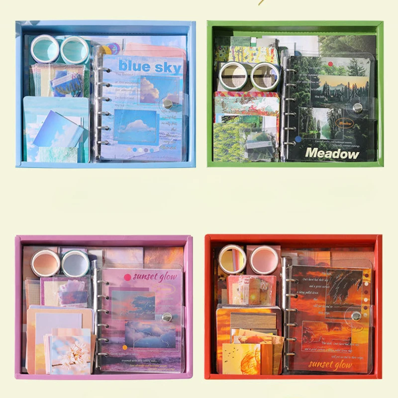 155개/박스 스크랩북킹 콜라주 정크 저널 데코레이션 DIY 선물 상자 (테이프, 스티커, 재료 용지, 카드, 메모지, 가방 포함)