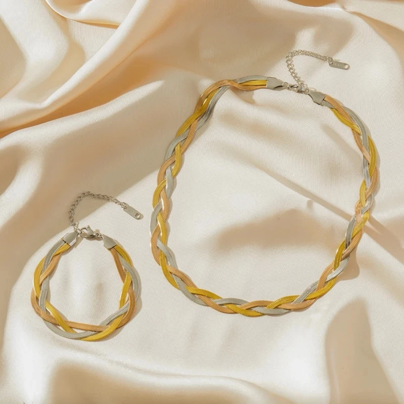 Jewelry Sets 316L Stainless Steel 3-Color Chains Crossing Necklace Bracelet for Women Girl Fashion Waterproof