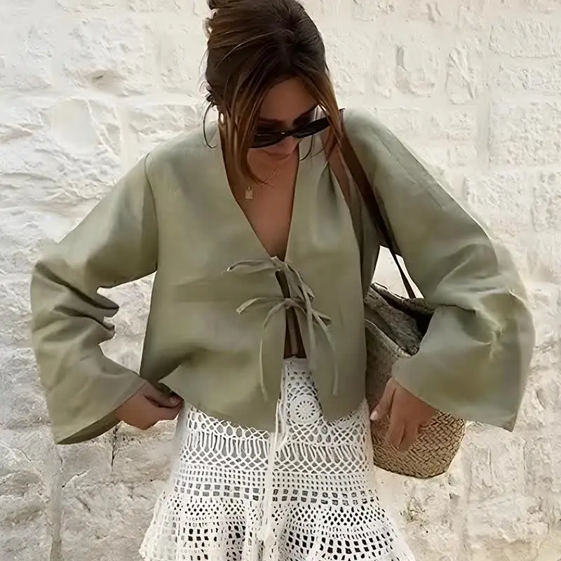 トップス LOHEN T-BLOUSE C.New S Cotton Linen Lace Up Bow Shirts Women Loose Hollow