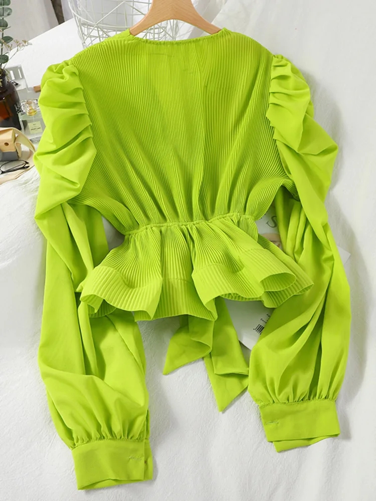 Camiseta de manga larga abombada para mujer, camisa con lazo de Color liso, con cintura cerrada y correa de temperamento, novedad de primavera y verano - Image 2