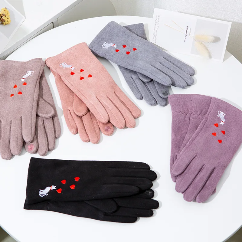 

Женские замшевые перчатки, теплые тонкие элегантные перчатки с вышивкой в виде кошки для сенсорных экранов, для езды на велосипеде и вождения, Осень-зима