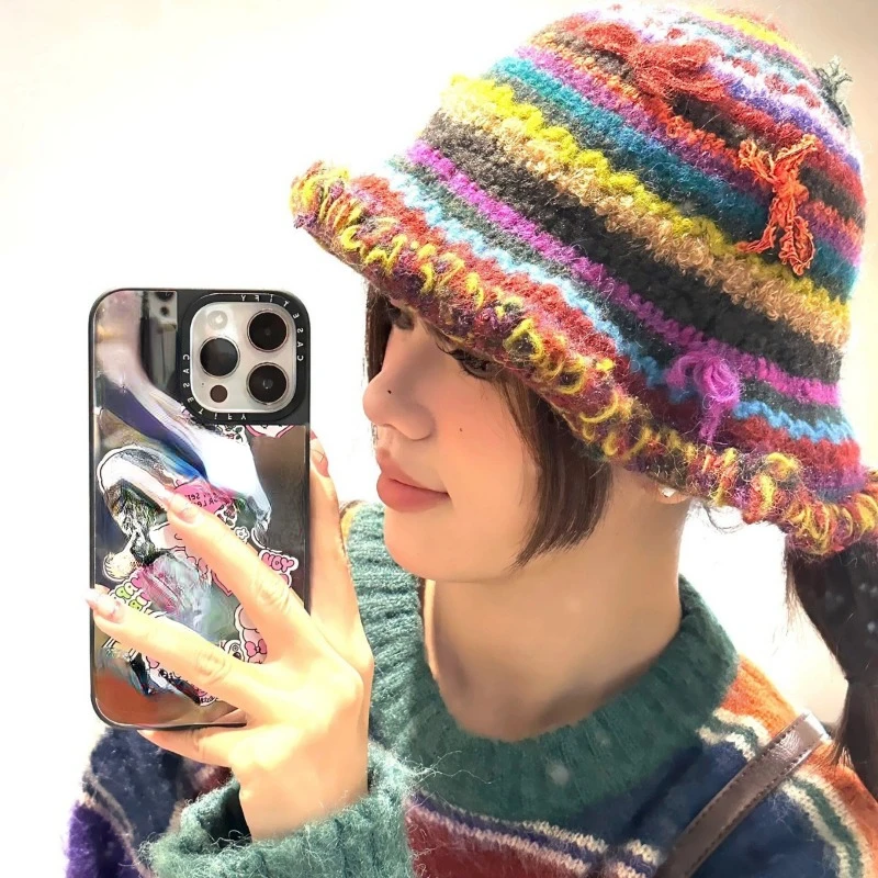 

Панама в Японскую полоску с ручным вязанием Женская, Милая зимняя нишевая вязаная шапка-купол в стиле ретро, модные головные уборы