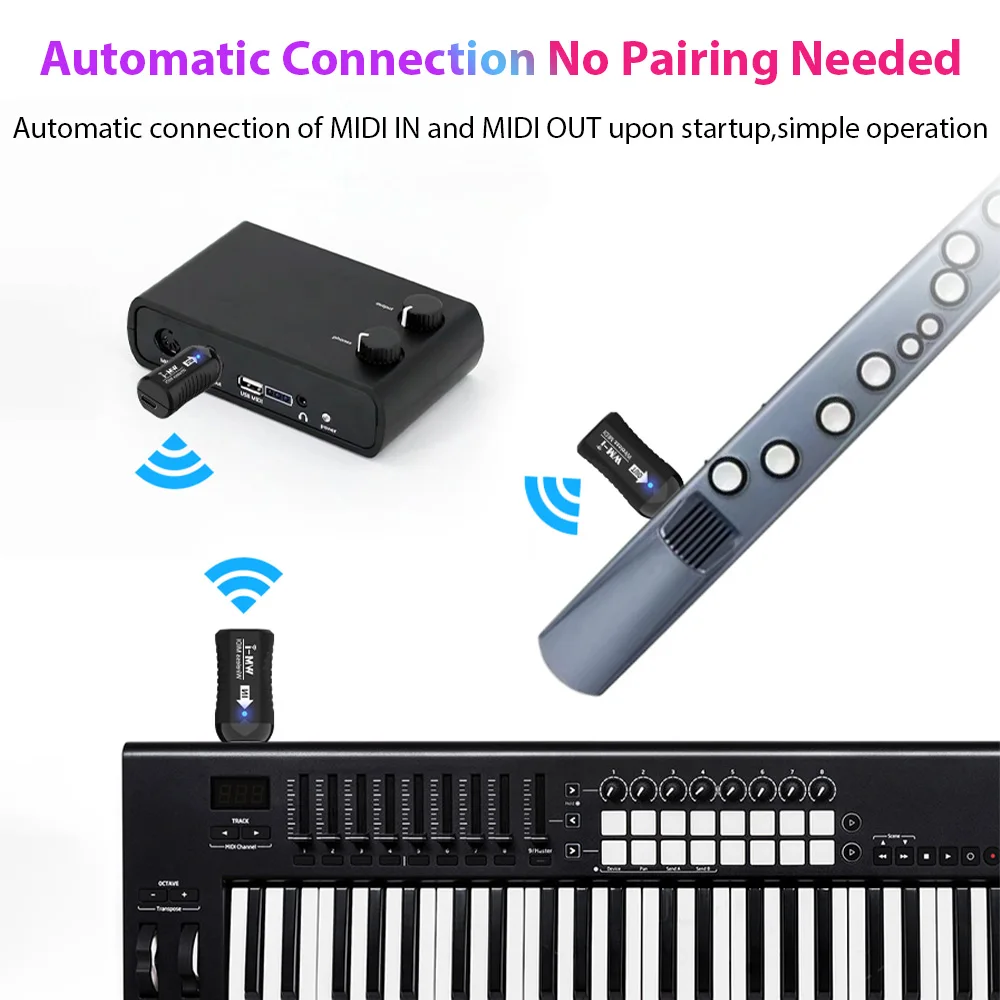 2.4GHz Wireless MIDI Adapter Rechargeable Audio Transmitter Receiver Ultra-Low Latency Built-in Silent Portable MIDI Connector