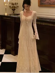 Women's Solid Midi Dress Flare Sleeves Square Collar A-Line Lace Up Autumn Spring French Elegant Vintage Prom Robe Vestidos New