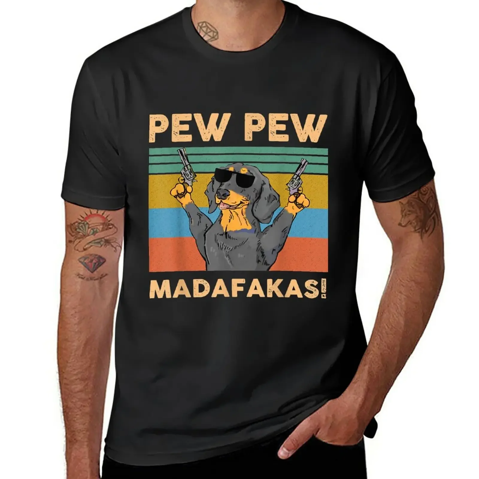 

Dachshund Pew Pew Madafakas Vintage Funny Crazy Dog T-Shirt anime Aesthetic clothing heavyweight t shirts for men