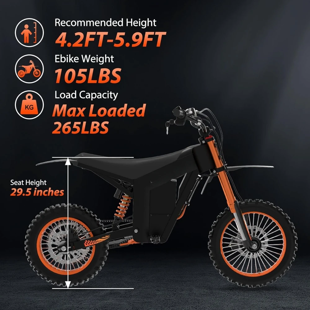 Electric-Dirt-Bike, 14"/12" Fat Tire 2000W with 48V 21AH Battery Ebike 37MPH Hydraulic Brakes Mountain Off-Road EBike 5