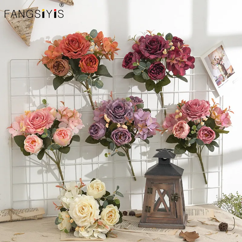 6 heads Artificial Flowers Hydrangea Retro Color Peony Bouquet Fake Flower for Christmas Home Wedding Decoration 1 Bunch |