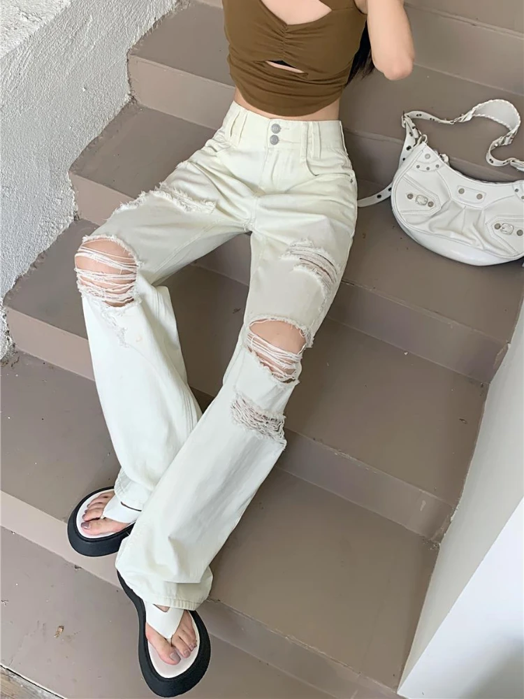 ADAgirl White Ripped Jeans for Women Hip Hop Y2k Vintage Baggy Hole Kpop Straight Wide Leg Denim Pants Streetwear Retro Trousers
