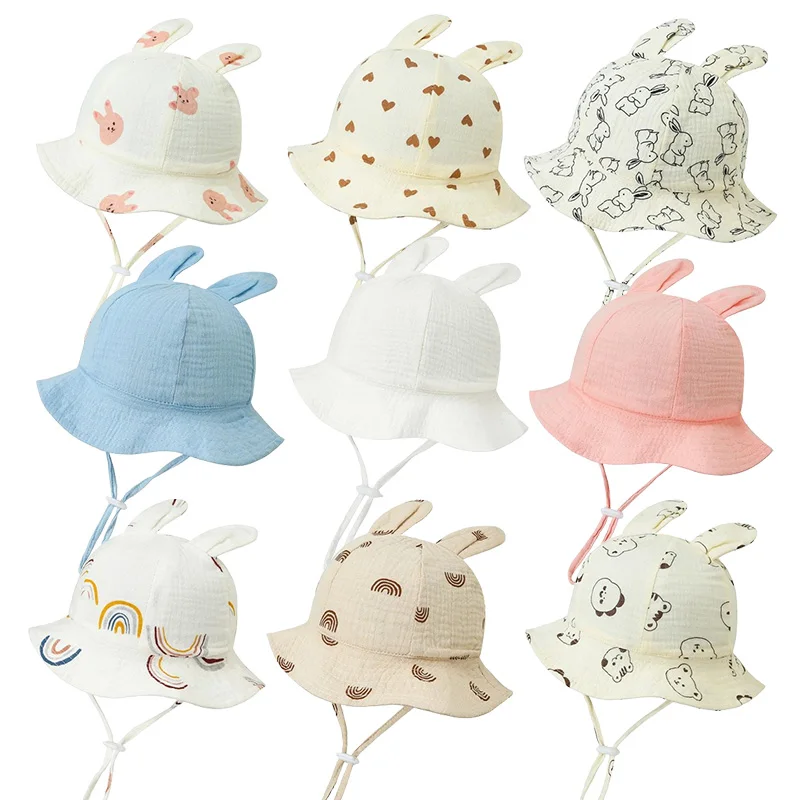 

2024 Muslin Hat for Baby Cartoon Bunny Ear Bucket Hats for Girls Boys Cute Printed Toddler Infant Cap Newborn Accessories 0-12 M