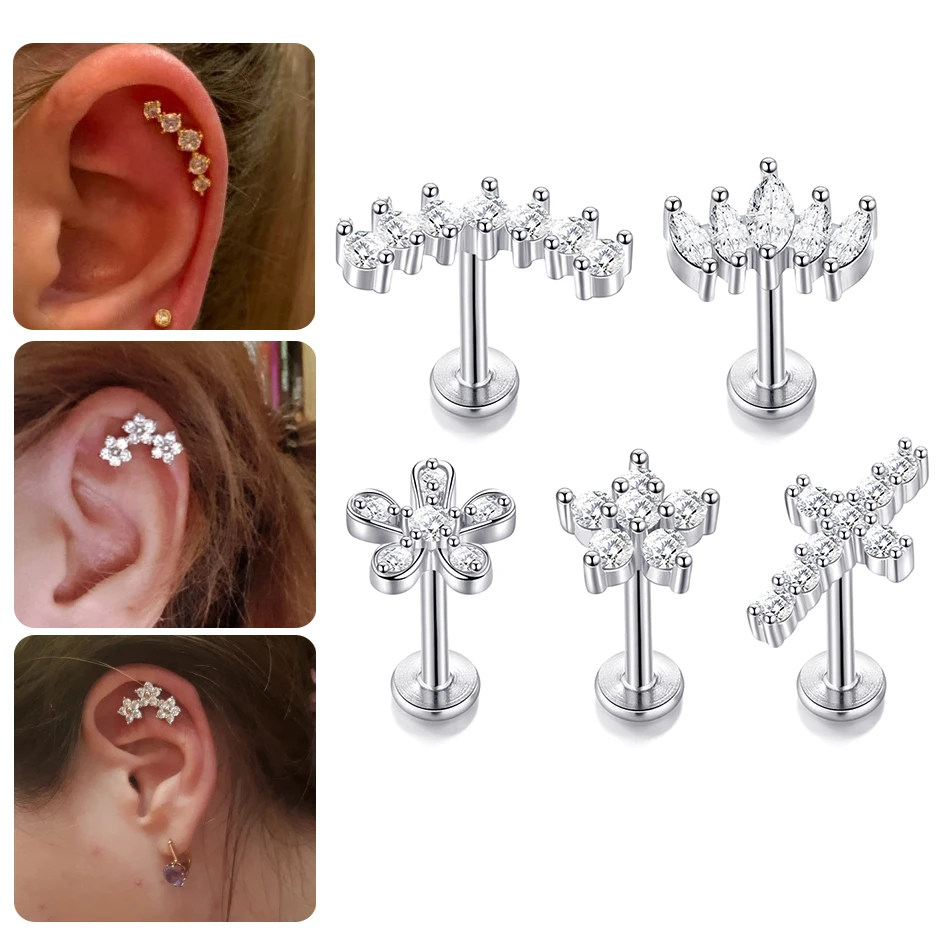 1PC Lip Stud Edelstahl Ohr Piercing Ohrring Nagel Mond Ring Kristall Blume Kreuz Knorpel Tragus Schraube Körper Schmuck neue