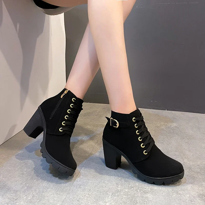 Autumn 2023 Women's Boots Thick Heeled Ankle Boots Women High Heel Platform Boots Female Snow Boots Lace-Up Fashion Boots botas