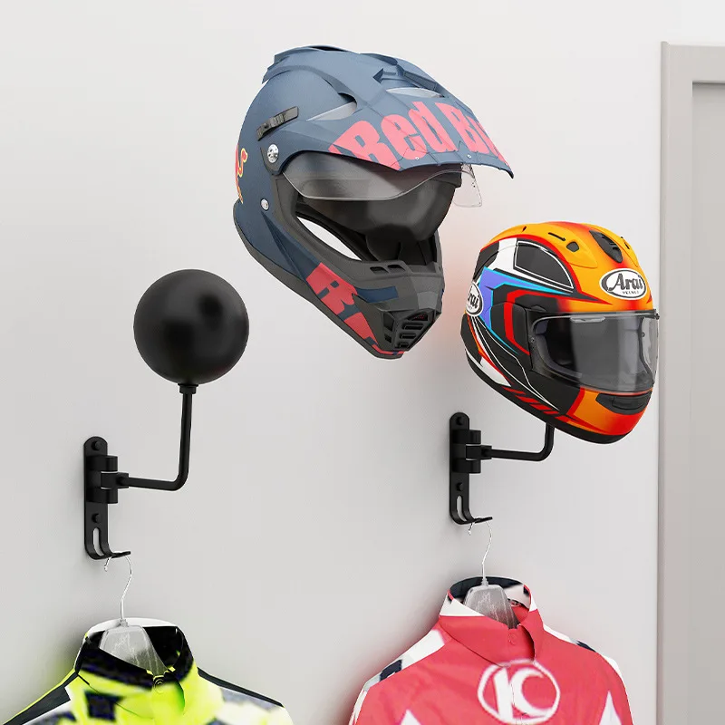 Motorcycle Helmet Rack No Drill Bike Helemt Hanger 180&deg; Rotation Helmet Display Holder With Hooks For Home Garage Organizer