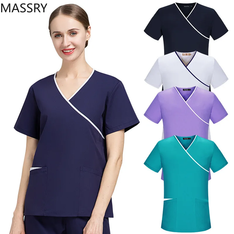 

간호사복 Women Uniform Set Short Sleeve Nurse Workwear Beauty Salon Work Clothe Slim Fit Scrub Shirt Unisex Medical Nursing Uniform