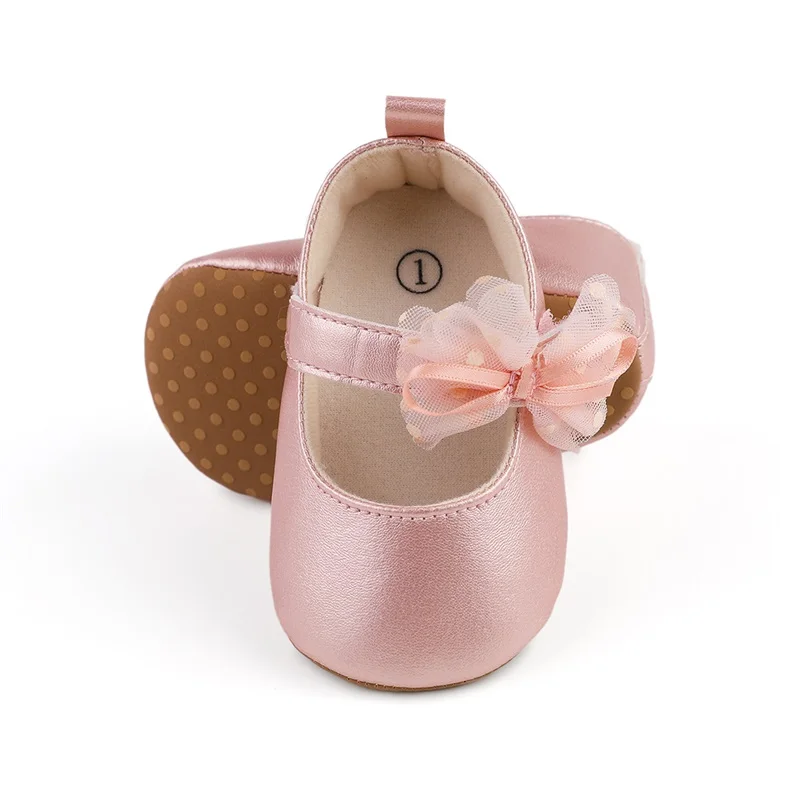 BeQeuewll Infant Baby Girls Princess Shoes Shine Surface Dot Print Mesh Bowknot Flats Non-Slip Adorable Baby Shoes 3