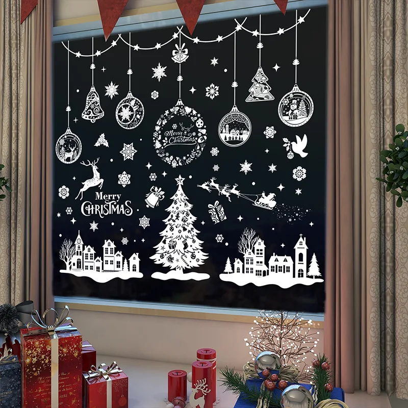 Snowflake Christmas Window Stickers Reindeer New Year Decal Wall Sticker White Christmas Electrostatic Stickers Decorations 9pcs