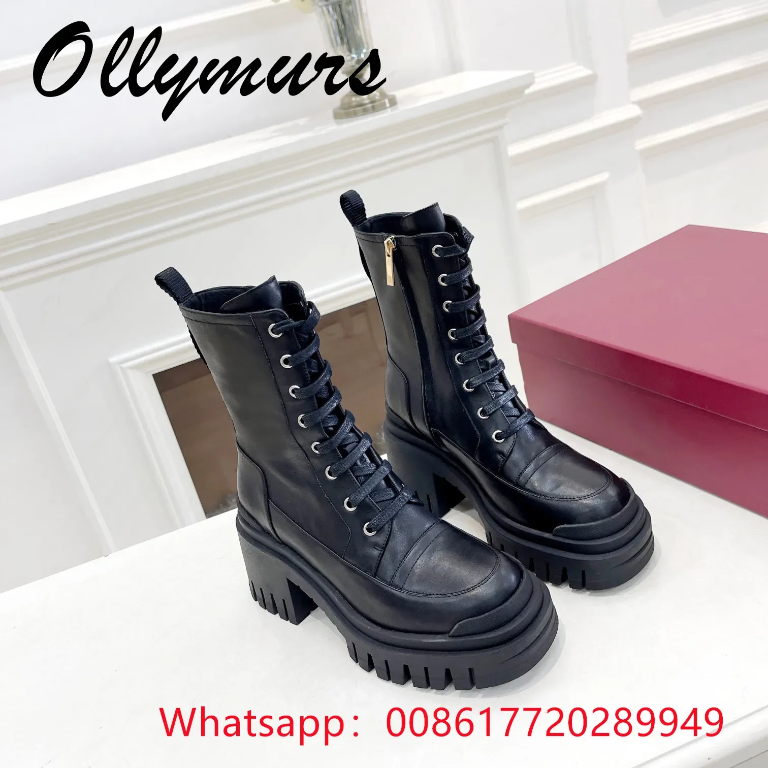 

Shoes For Women Genuine Leather Lace Up Boots Thick Heels Chain Round Toe Ankle Boots Autumn Luxury Designer Shoes