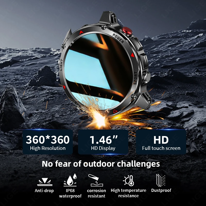 LIGE GPS Sports Waterproof Smart Watch Men 1.46“HD Full Touch Screen 500mAh Battery Flashlight Compass Bluetooth Call Smartwatch