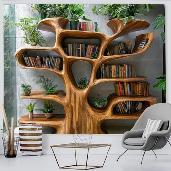 Tree Bookshelf Tapestry Multiple Sizes 2D Print Nordic Tree Plants Reading Theme Polyester Living Study Reading Nook Calm 2