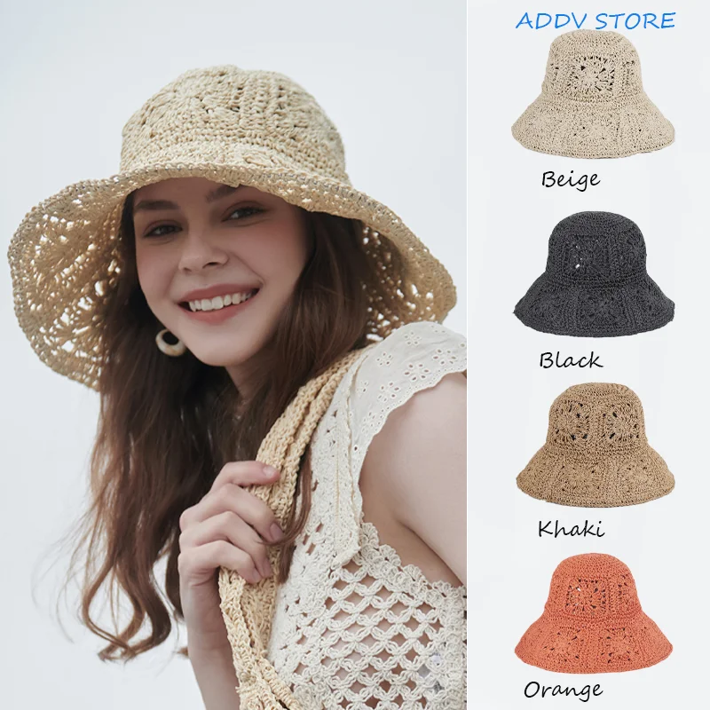 

Summer Skeleton Large Eaves Foldable Straw Hat Women's Solid Colour Crochet Sun Protection Holiday Beach Hat