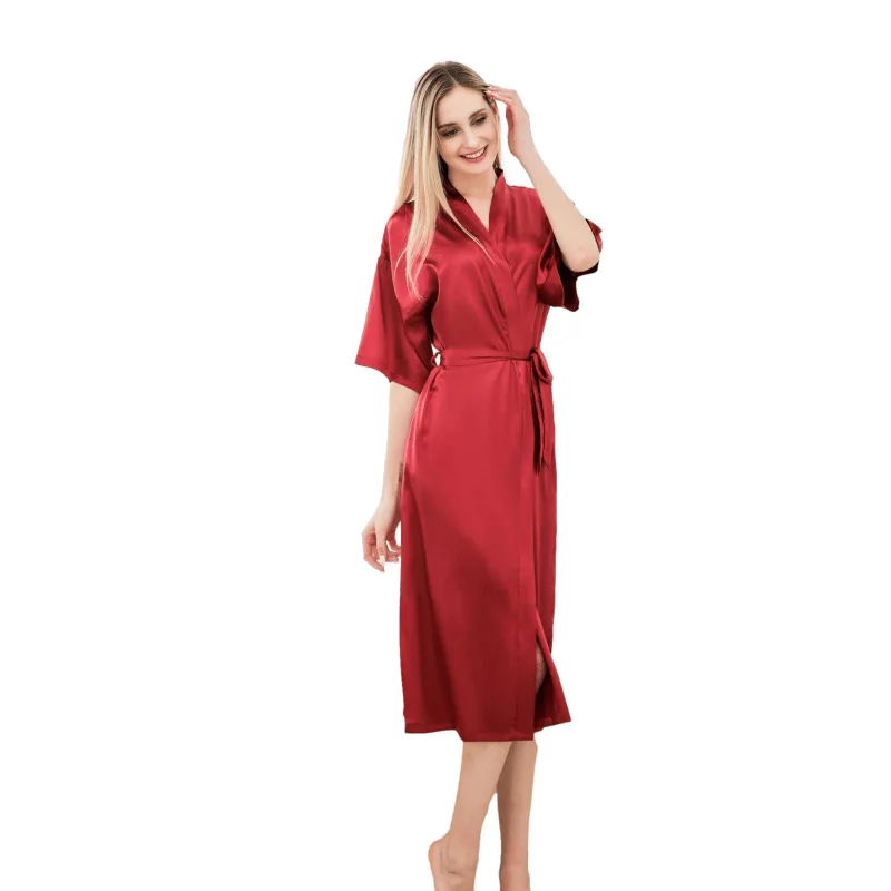Hot Plus Long Bathrobe Faux Silk Bathrobe Bathrobe Solid Color Micro Stretch Robe Ladies Thin Sexy Comfortable Home Bathrobe