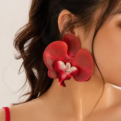 Elegant Pink Orchid Butterfly Pendant Earrings for Women - Statement Floral Jewelry Gift (Red)