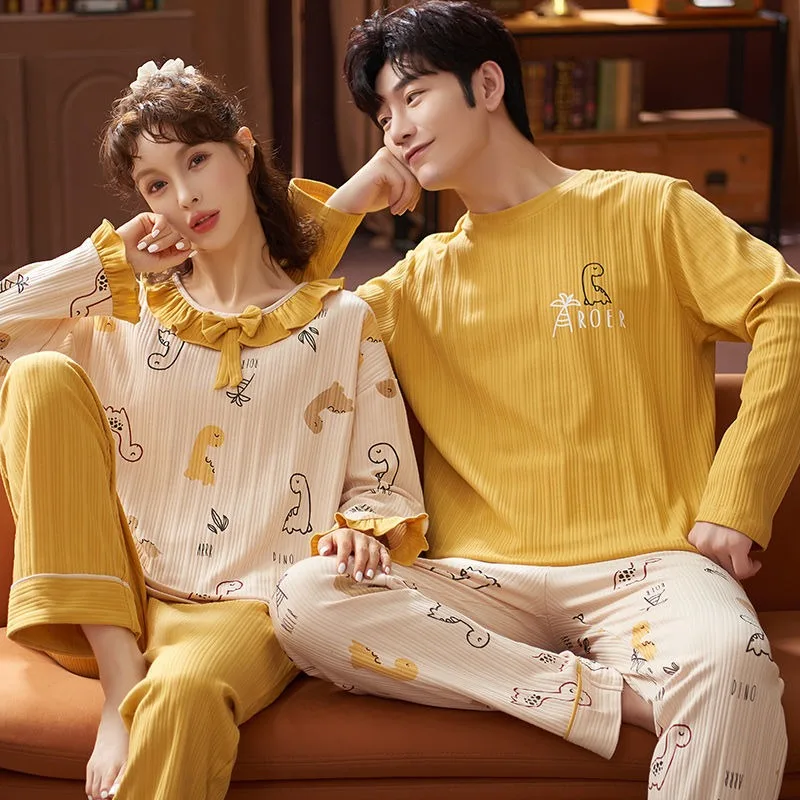 w spring and autumn cotton pajamas women s long sleeved home clothes suit kimono cute cartoon small fresh pullover pajama sets 2024 New Long-sleeved Couple Pajamas Outfit Man Woman Spring Autumn Sleepwear Suit Youth Cute Cartoon Cotton Loungewear Sets