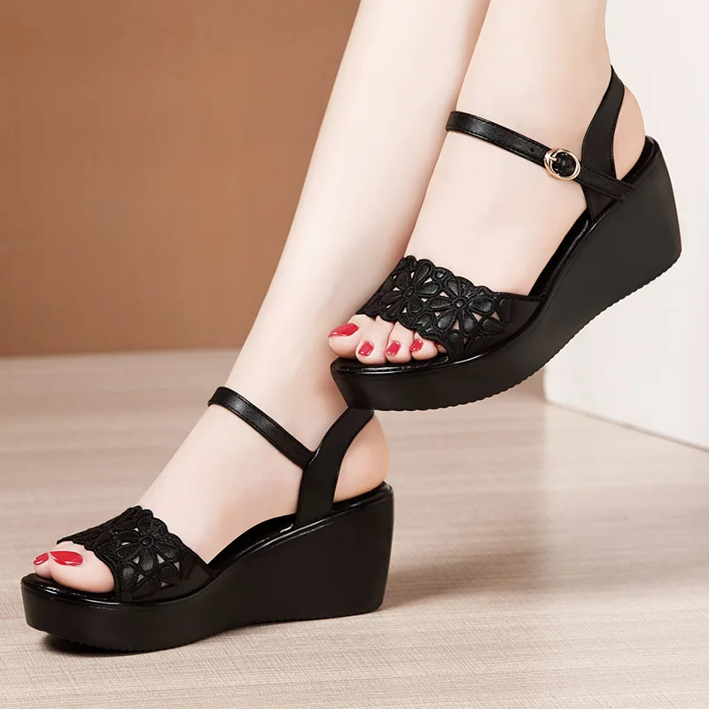 Women sandals women wedges heels shoes New Summer Chunky Platform Wedges Shoes Soft Leather Medium Heels Sandals Women Floral Cutout Black Beach Sandal Mom