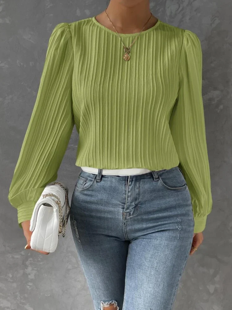 

Women Solid Color Vertical Stripe Blouse Hollow Out Design Button Decor O-Neck Long Lantern Sleeve Casual Loose Pullovers Top