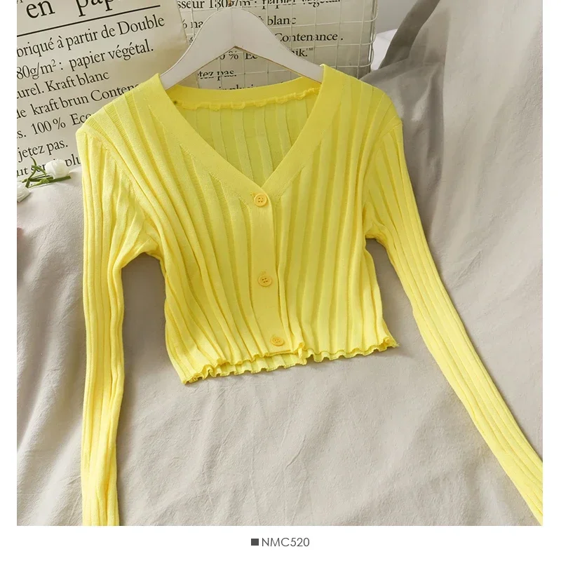 Women's Acrylic Long Sleeve V-Neck Button-Down Slim Cropped Ribbed Knit Cardigan Thin Solid Stretch Crop Top Knitwear
