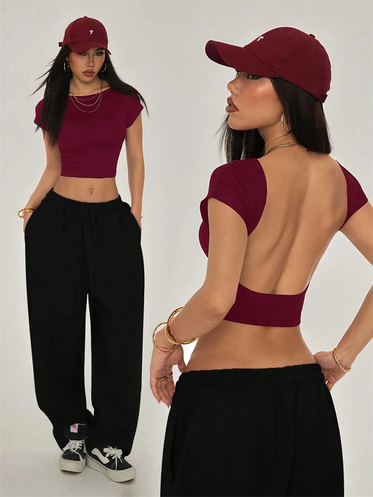 Sexy Backless Short Sleeve T Shirt Women Summer Grunge Y2K Clothes High Street Style Plain Black Crop Tee Top Streetwear 2024 1