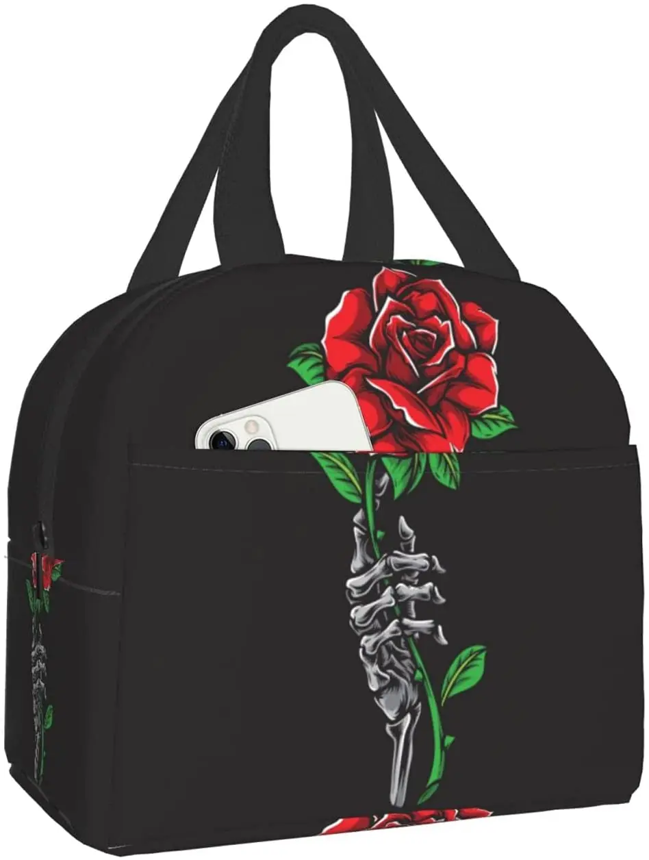 

Lunch Bag for Women Red Rose Black Goth Insulated Lunch Box Cooler Tote for Work Office School Picnic Beach Reusable Lunch Tote