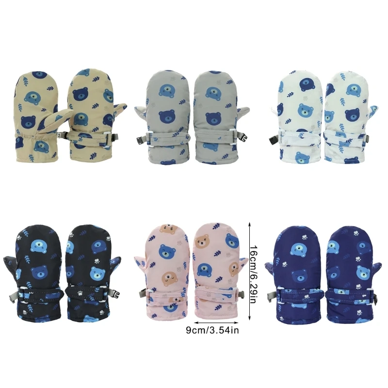 B2EB Windproof Children Warm Snow Gloves Printed Cartoon Bear Thicken Thermal Mitts