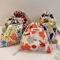 Cotton Fabric Floral Drawstring Bags Cosmetic Bag Lipstick Toiletry Makeup Organizer Coin Pocket Bags Purse Canvas Storage Bag 1