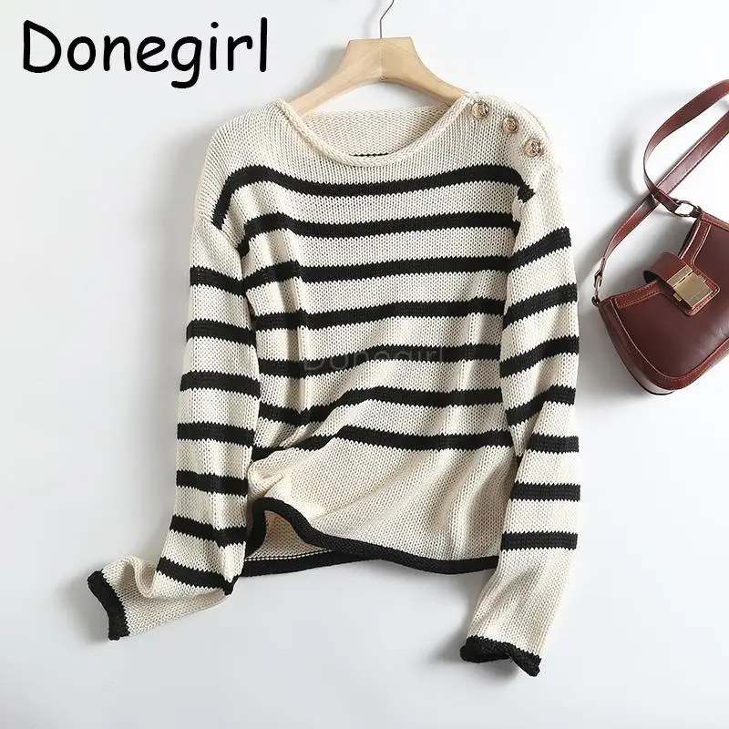 

Donegirl 2023 Women New Autumn Round Neck Striped Knitted Sweater Shoulder Buttons Simple Casual Pullovers Female Tops Chic