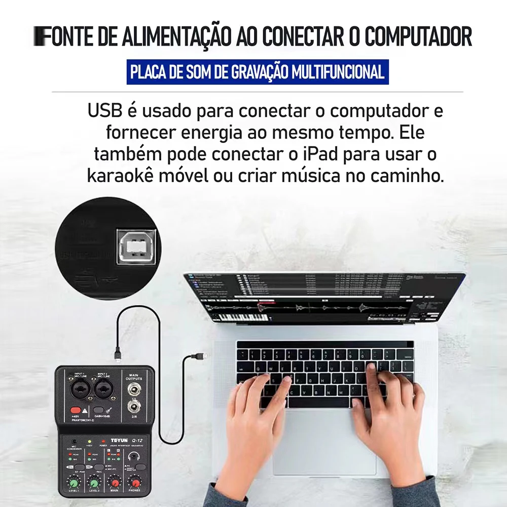 Audio Mixer BOMGE Q-12 2 Channel Sound Mixing Console USB 48V Phantom Power Compact Amplifier Adapter for Recording
