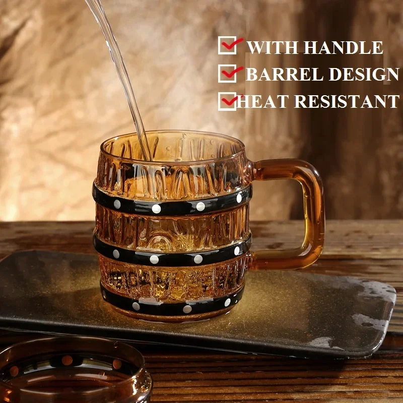 Beer Mug 470ml 16oz Large Capacity Barrel Shape Glass Cup with Handle and Lid Like One Piece Pirate Beer Cup 1 Piece