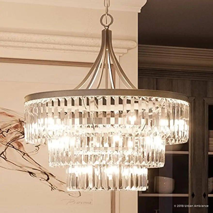 

Urban Ambiance Luxury Crystal Ceiling Fixture, Large Size: 29.25" H x 28" W, with Art Deco Style Elements, Antique Silver