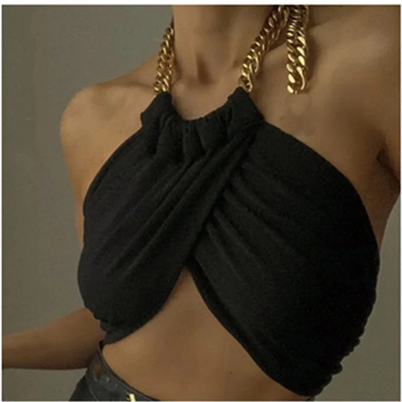 

Bottom-wrapped Chest Vest Women's Summer Sexy Metal Chain Decorative Neck Top Backless Cropped Black Packaging Top Sexy Street