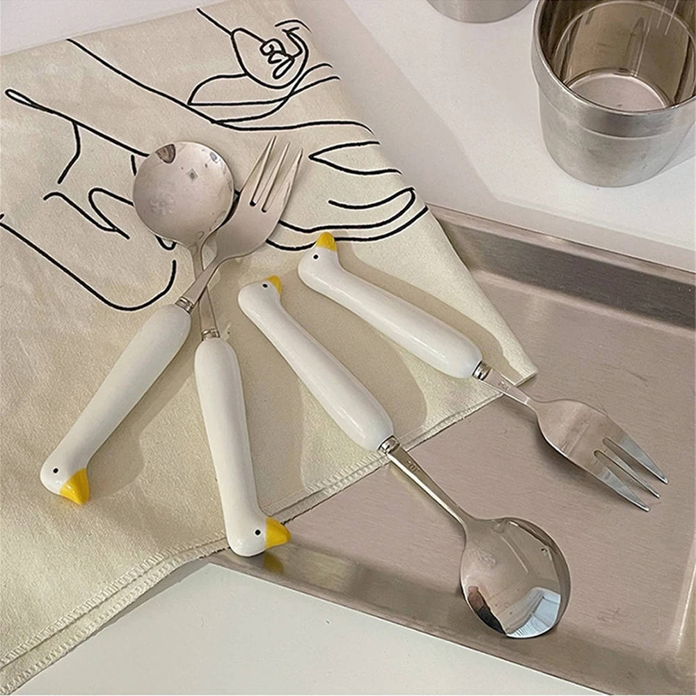 Red Cartoon Stainless Steel Spoon Goose Head Tableware Set Portable Ceramic Handle Cute Cat Claw Spoon Fork High Color Value