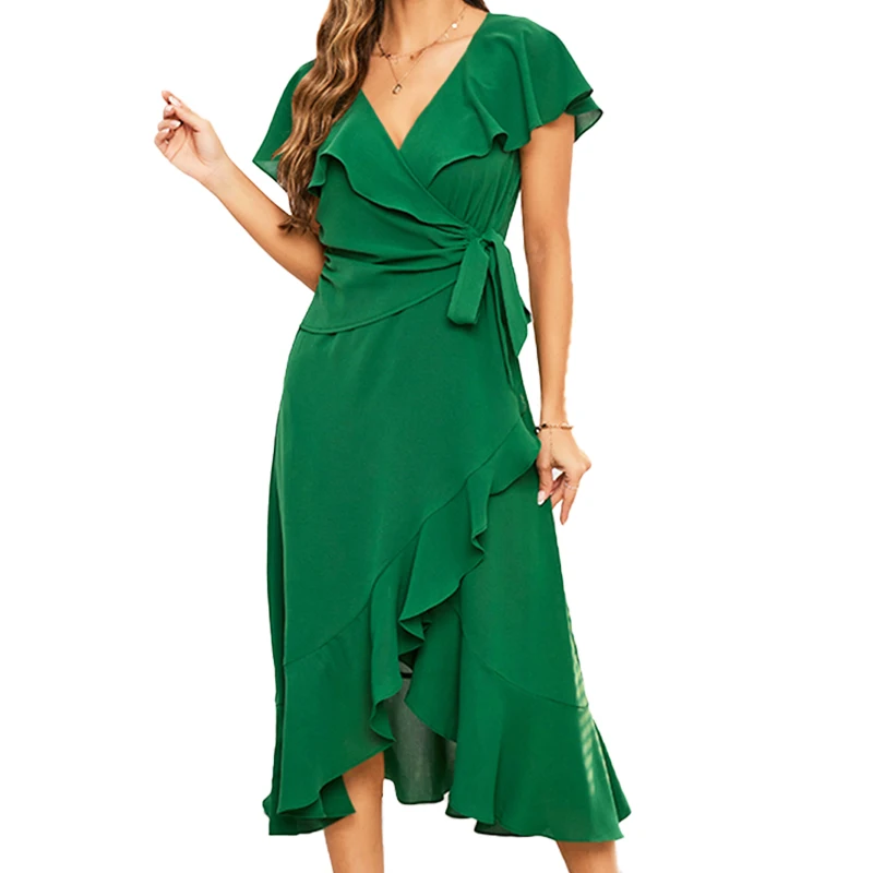 Luxury Green Women Dress 2023 Midi Length V Neck Solid Assymmetrical Hem Casual Female Clothing