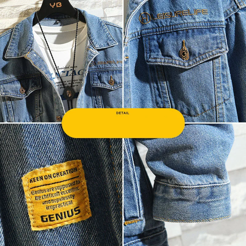 Teenagers Embroidery Denim Jacket Men's Autumn Korean Style Student Loose Spring Autumn Denim Jacket Handsome Upper Clothes