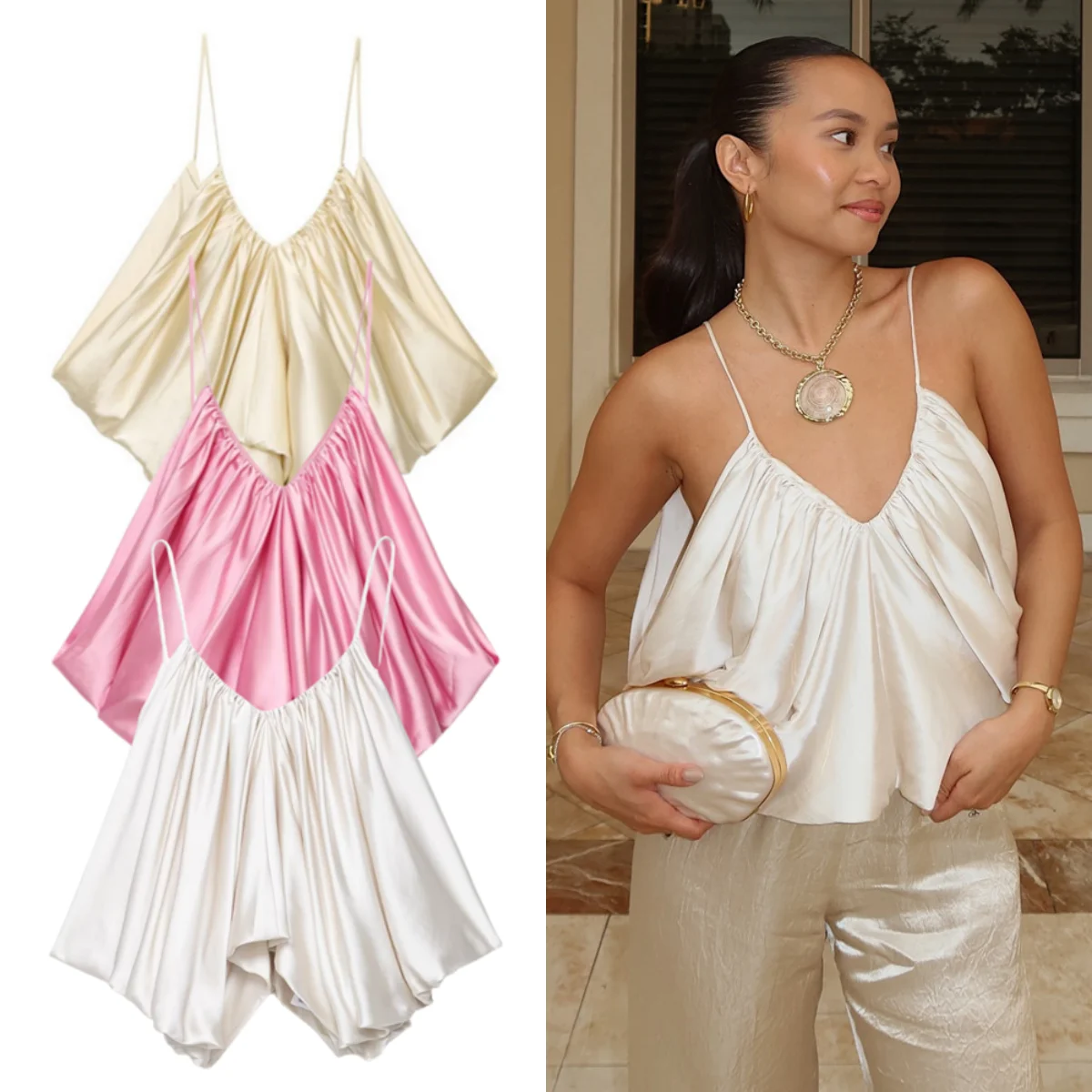 Blusa regata plissada com textura de cetim UNIZERA, modelo casual, lançamento da coleção verão 2025, para mulheres que valorizam o visual e o estilo.