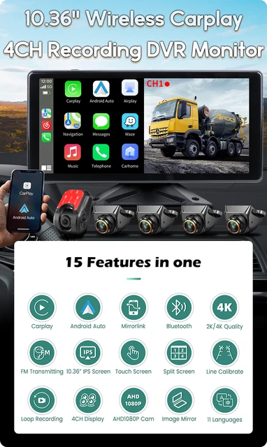 Sistema 4 Telecamere 4K Per Veicoli - Monitor 10.36" Wireless CarPlay, Visione Notturna, 128GB - Foto 14