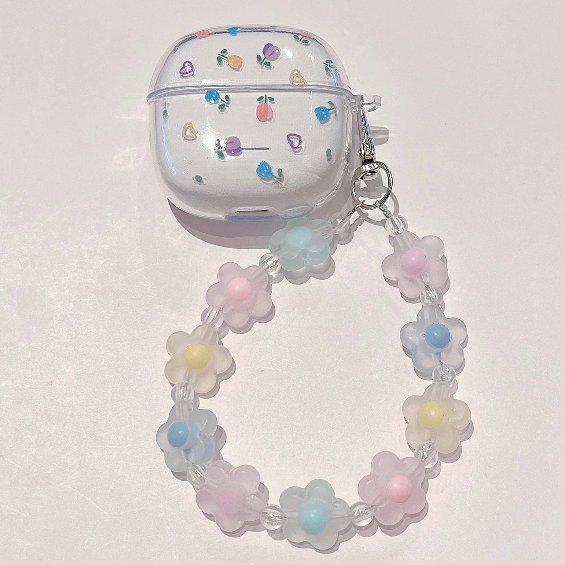 Adorable Clear TPU Earphone Case with Chain Keychain and Cartoon Flower Bear Design