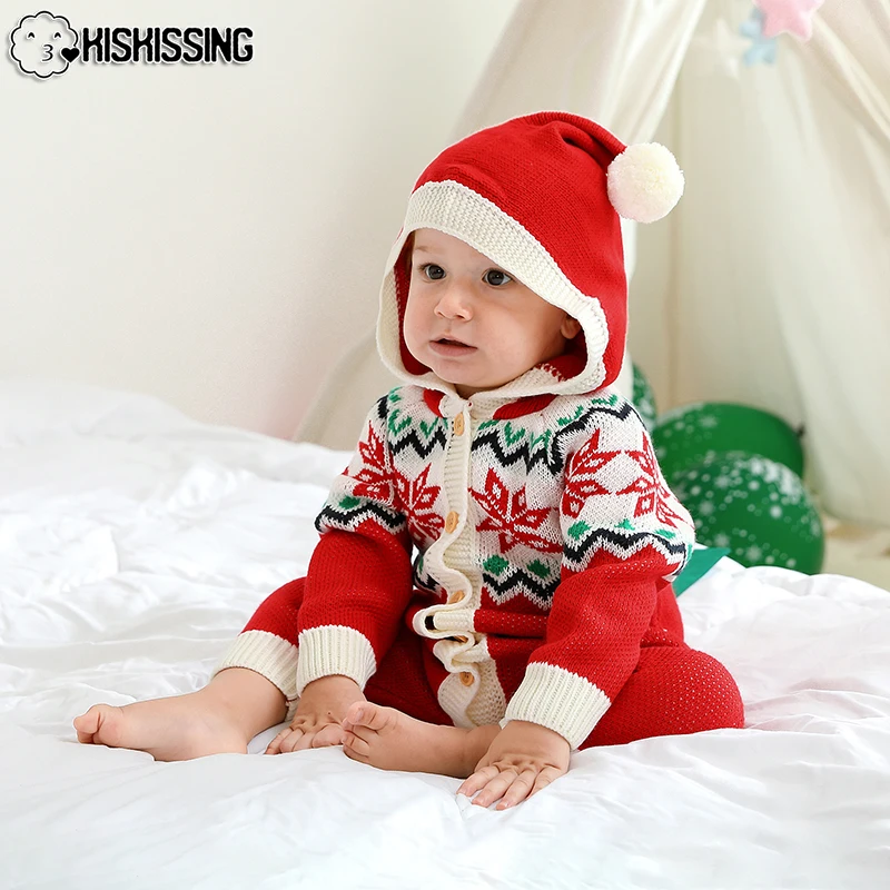 MRULIC Infant Baby Suit Weihnachten Overall Langarm Santa Druck Winter Striped Jumpsuit Hut Outfit Pullover 