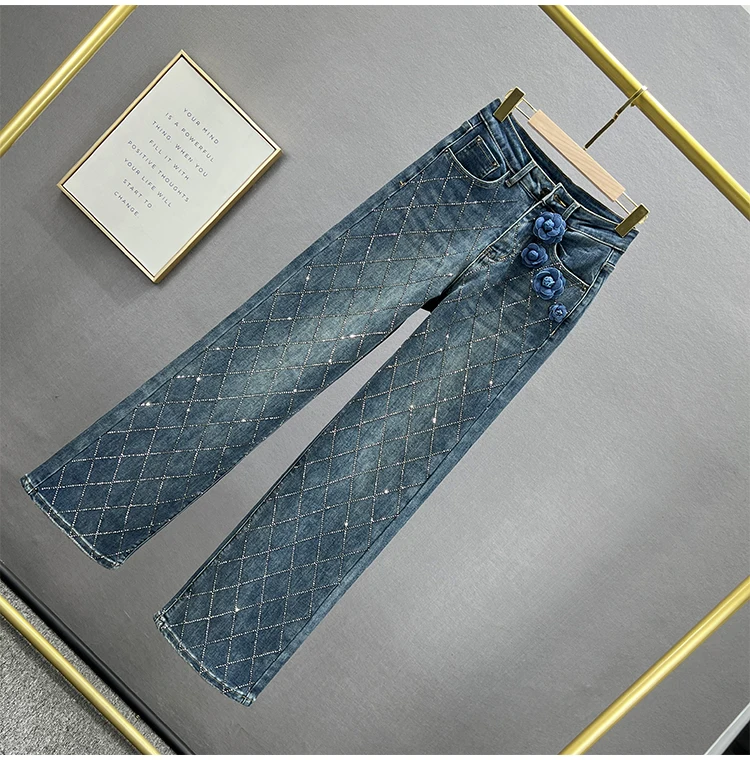 Extra Long Jeans Women's 2023 New Autumn High Waist Loose And Slimming Hot Rhinestone Flower Mop Wide Leg Pants Trousers Female