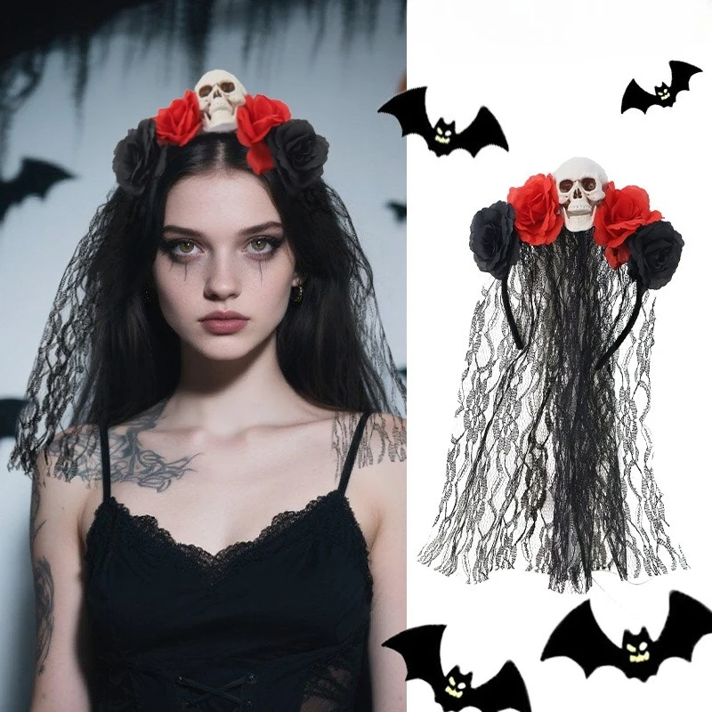 RosyFate Set De Accesorios De Halloween - Diadema Con Velo Negro De Calaveras, Rosa Negra, Guantes De Encaje, Collar Y Tatuajes, Perfecto Para Fiestas Y Carnaval
