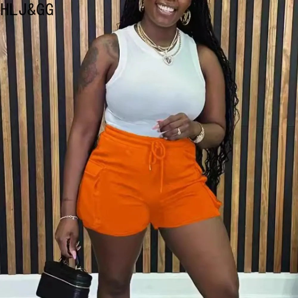 HLJ&GG Summer Solid Color Pocket Sporty Shorts Women Elastic Waist Drawstring Jogger Shorts Casual Female Fitness Bottoms 2024